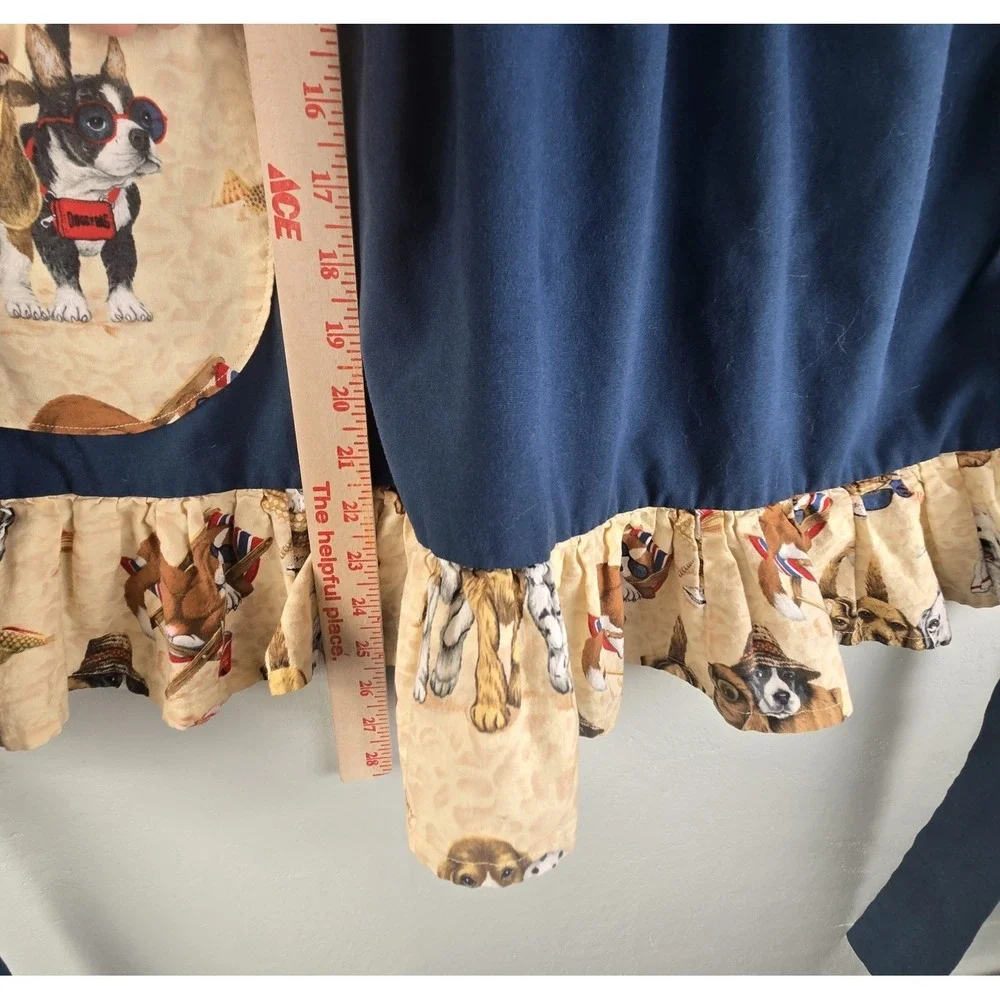 Marimode Navy Blue Dog Print Ruffled Kitchen Apron Puppy Patch One Size‎